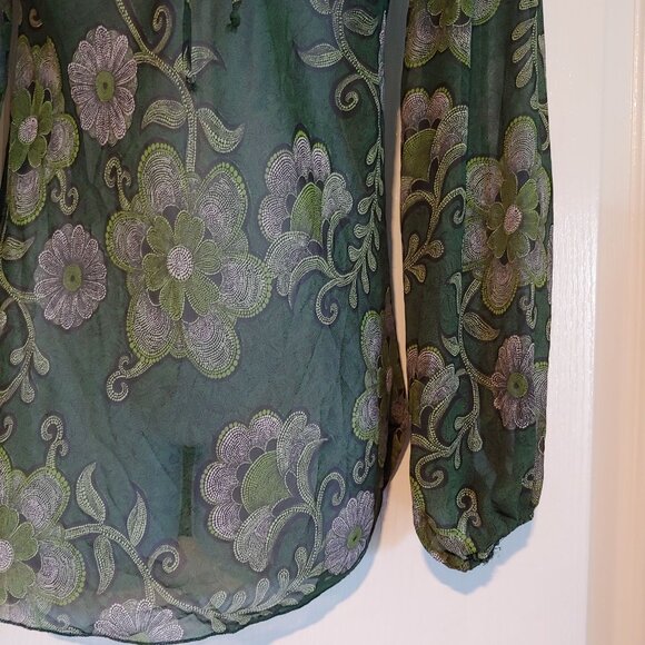 Ing Y2K Boho Sheer Floral Green Flowy Long Puff Sleeve Top M Hippie - Picture 5 of 14